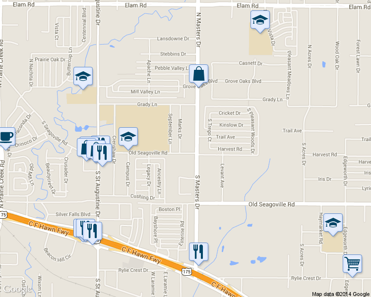 map of restaurants, bars, coffee shops, grocery stores, and more near 10111 Old Seagoville Road in Dallas
