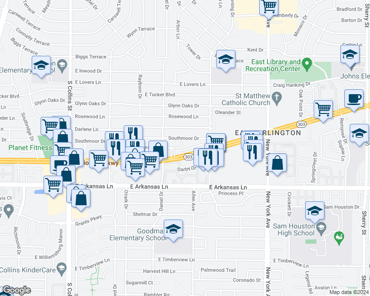 map of restaurants, bars, coffee shops, grocery stores, and more near 1527 Parkway Lane in Arlington