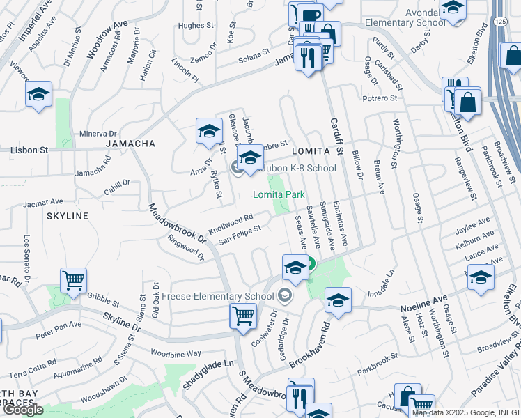 map of restaurants, bars, coffee shops, grocery stores, and more near 8136 Knollwood Road in San Diego