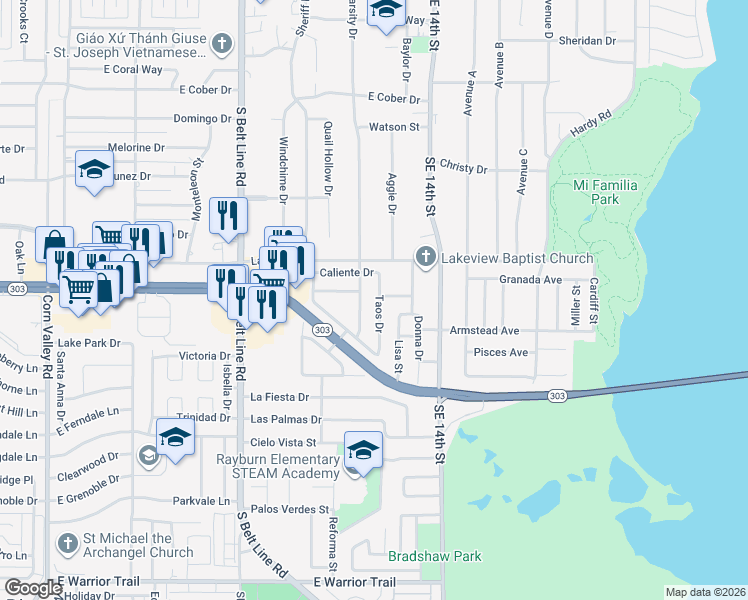 map of restaurants, bars, coffee shops, grocery stores, and more near 2527 Taos Drive in Grand Prairie