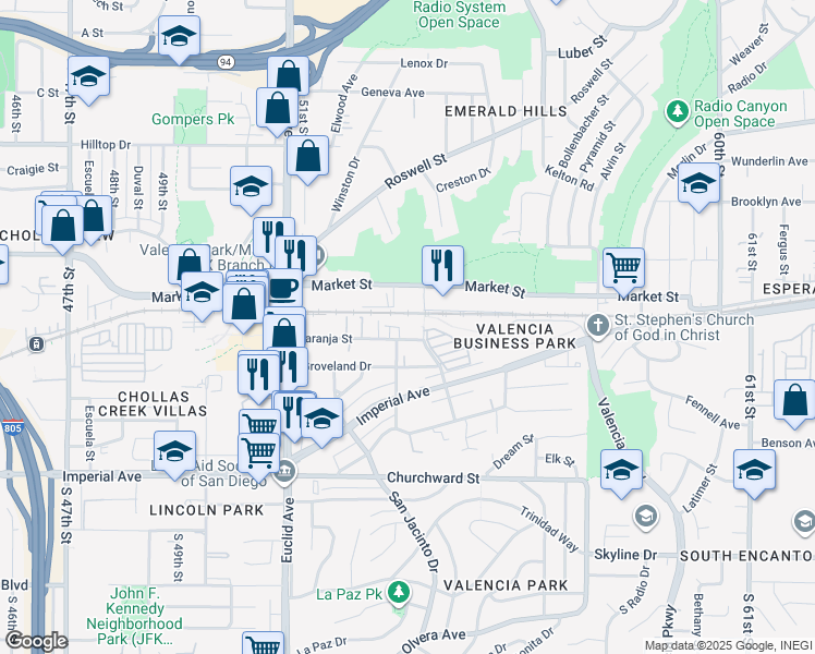 map of restaurants, bars, coffee shops, grocery stores, and more near 5318 Naranja Street in San Diego