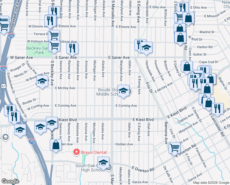 map of restaurants, bars, coffee shops, grocery stores, and more near 3014 South Marsalis Avenue in Dallas