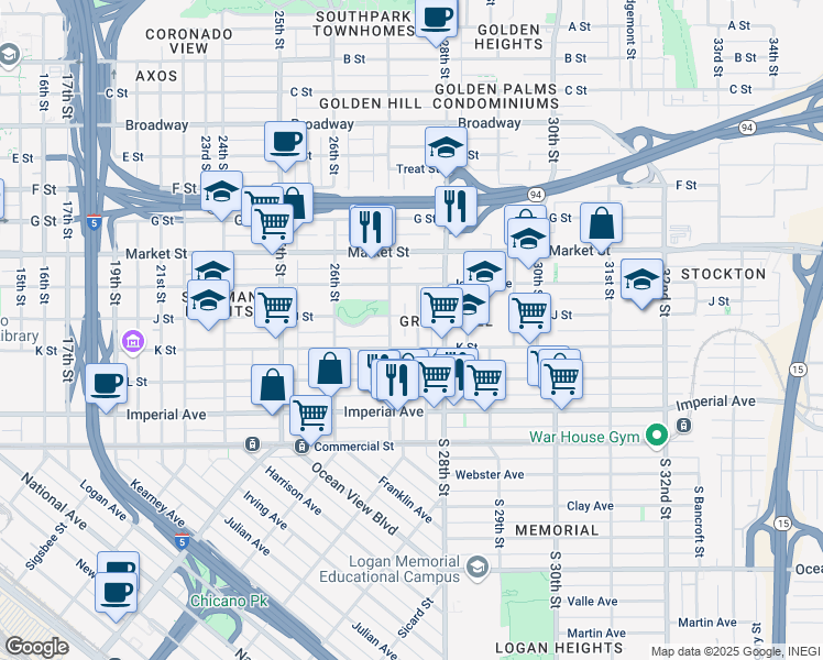 map of restaurants, bars, coffee shops, grocery stores, and more near 330 Langley St in San Diego