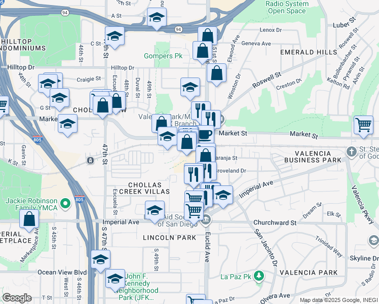 map of restaurants, bars, coffee shops, grocery stores, and more near 342 Euclid Avenue in San Diego