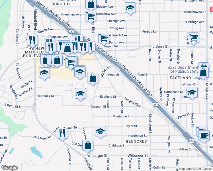 map of restaurants, bars, coffee shops, grocery stores, and more near 3225 Comanche Street in Fort Worth