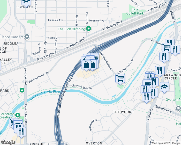 map of restaurants, bars, coffee shops, grocery stores, and more near 5217 Marathon Avenue in Fort Worth