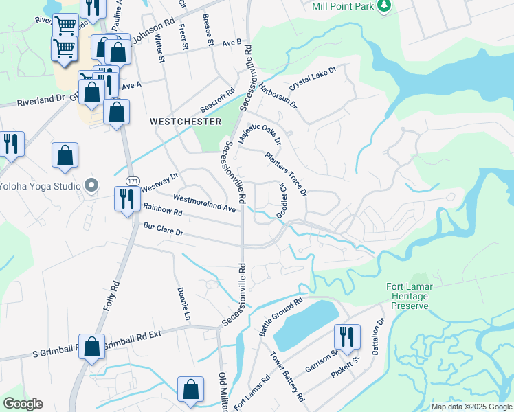 map of restaurants, bars, coffee shops, grocery stores, and more near 531 McEnery Alley in Charleston