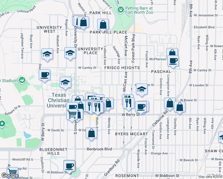 map of restaurants, bars, coffee shops, grocery stores, and more near 2920 Sandage Avenue in Fort Worth