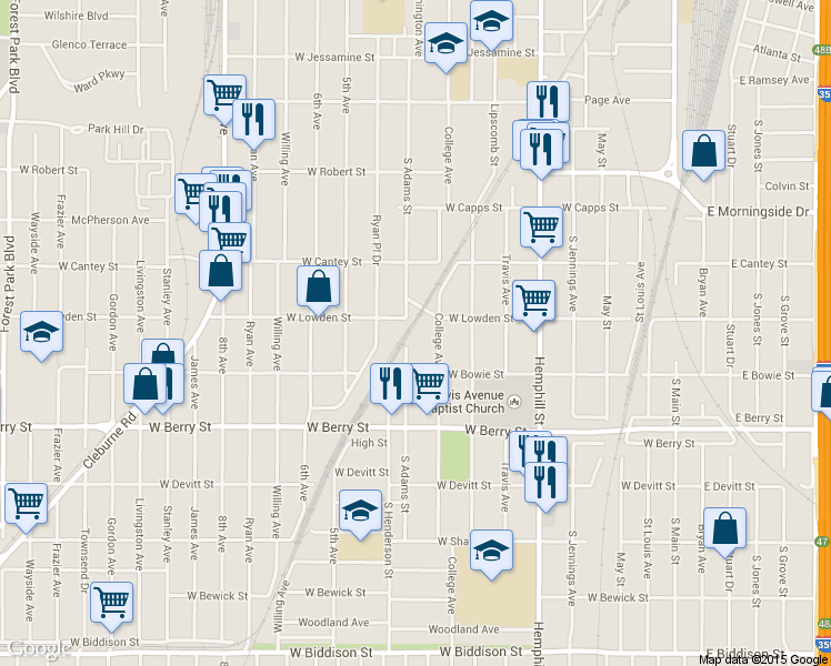 map of restaurants, bars, coffee shops, grocery stores, and more near 2901 South Adams Street in Fort Worth
