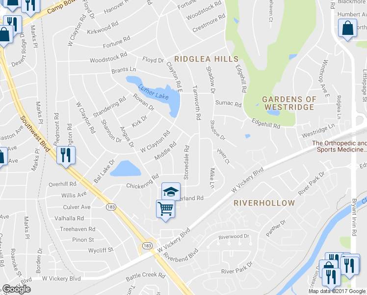 map of restaurants, bars, coffee shops, grocery stores, and more near 4216 Stonedale Road in Fort Worth