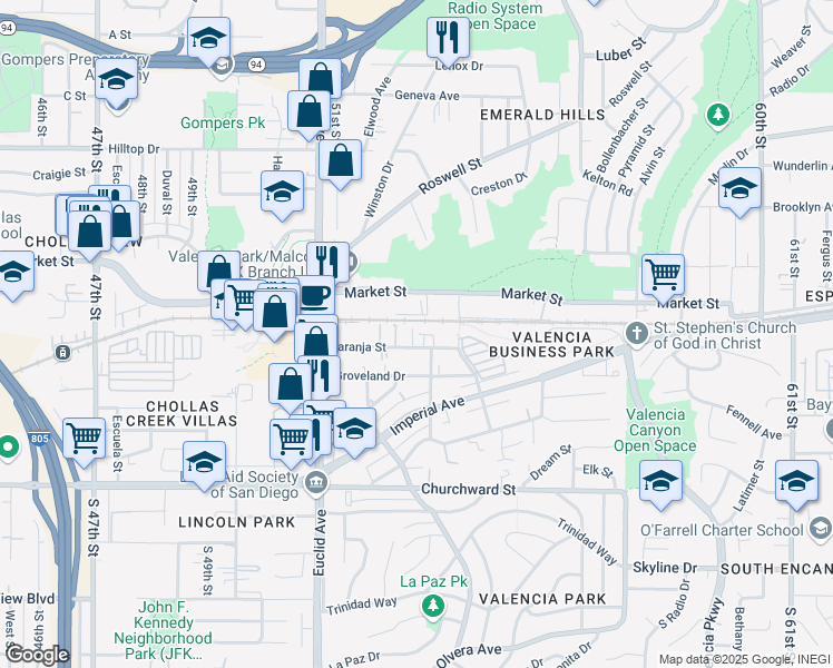 map of restaurants, bars, coffee shops, grocery stores, and more near 5266 Naranja Street in San Diego