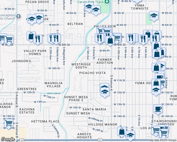 map of restaurants, bars, coffee shops, grocery stores, and more near 1025 South 14th Avenue in Yuma