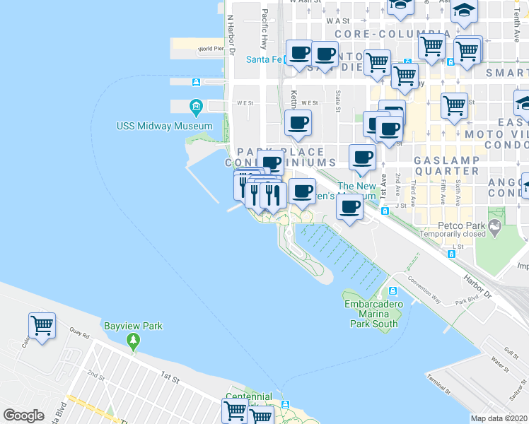 map of restaurants, bars, coffee shops, grocery stores, and more near 865 West Harbor Drive in San Diego