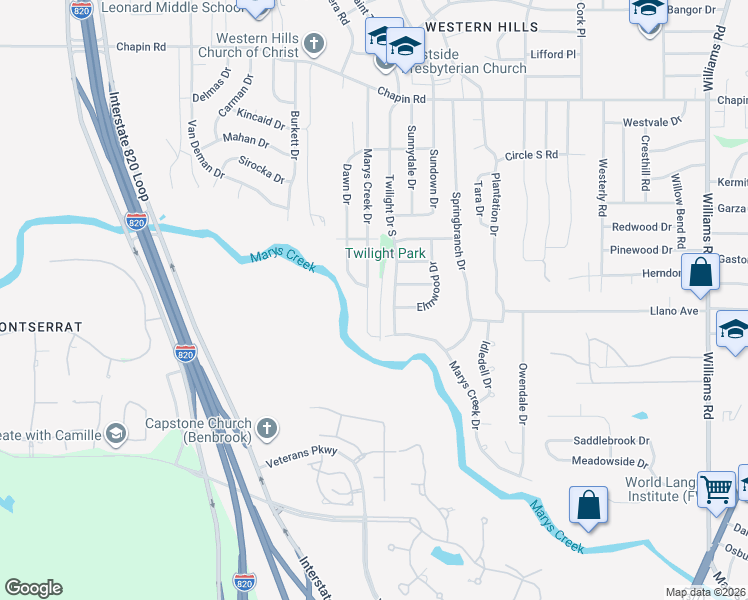 map of restaurants, bars, coffee shops, grocery stores, and more near 4305 Marys Creek Drive in Benbrook