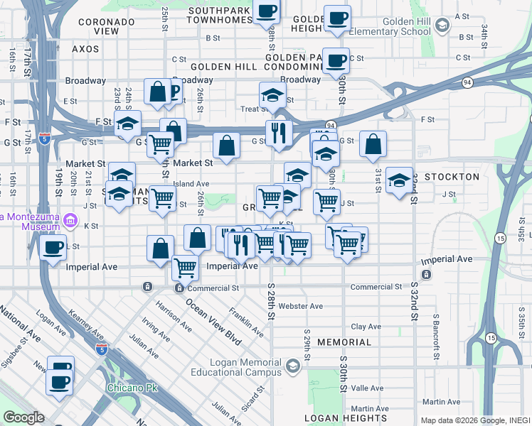 map of restaurants, bars, coffee shops, grocery stores, and more near in San Diego