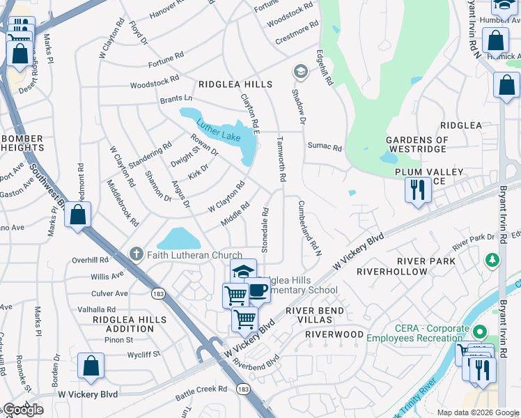 map of restaurants, bars, coffee shops, grocery stores, and more near 4216 Stonedale Road in Fort Worth