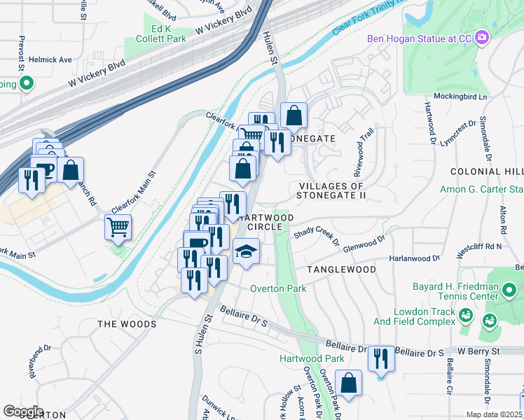 map of restaurants, bars, coffee shops, grocery stores, and more near 4302 Hartwood Circle in Fort Worth