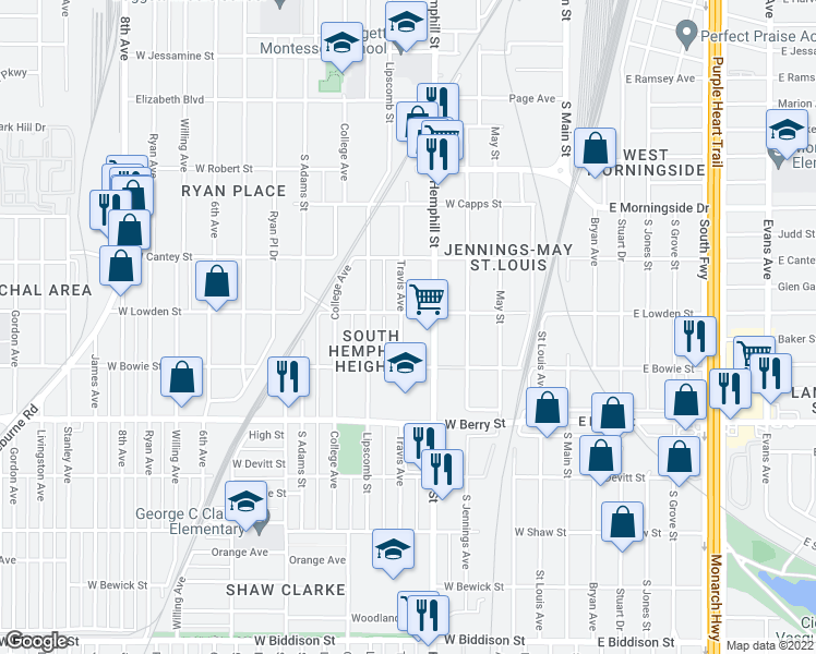 map of restaurants, bars, coffee shops, grocery stores, and more near 2901 Travis Avenue in Fort Worth