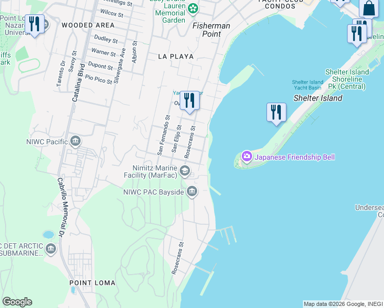 map of restaurants, bars, coffee shops, grocery stores, and more near 379 Rosecrans Street in San Diego