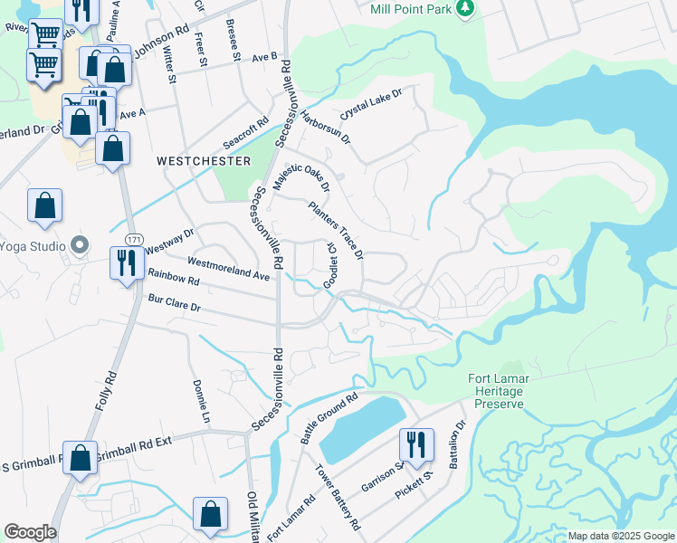 map of restaurants, bars, coffee shops, grocery stores, and more near 684 Goodlet Circle in Charleston