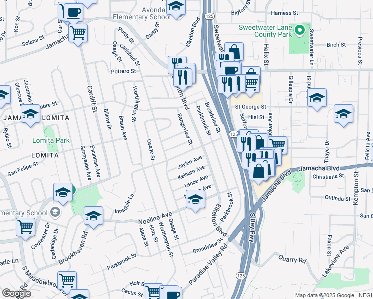 map of restaurants, bars, coffee shops, grocery stores, and more near 8850 Innsdale Avenue in Spring Valley