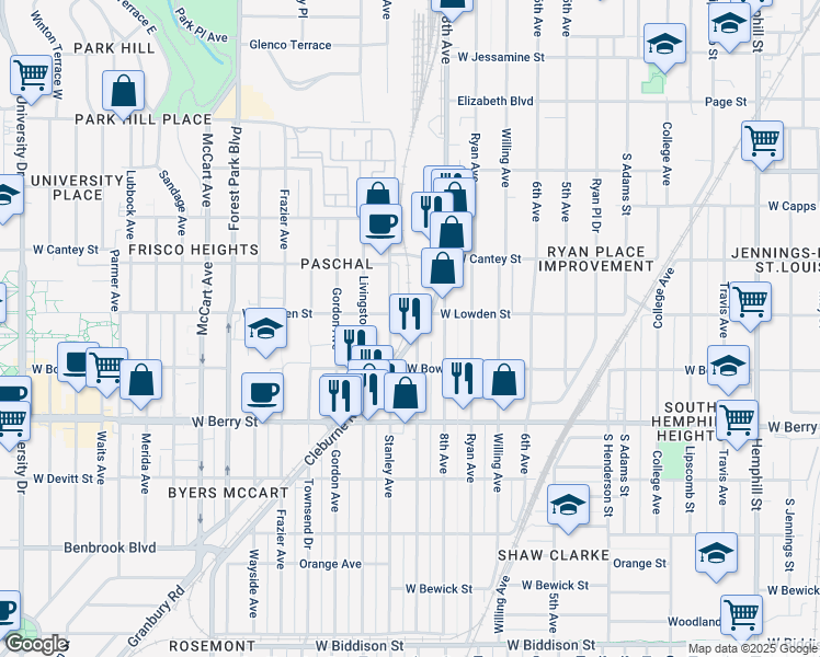 map of restaurants, bars, coffee shops, grocery stores, and more near 2924 Cleburne Road in Fort Worth