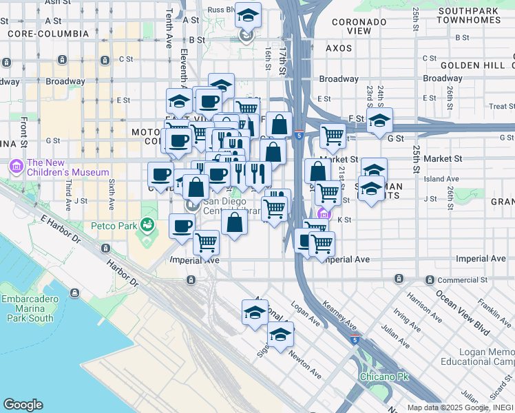 map of restaurants, bars, coffee shops, grocery stores, and more near 335 15th Street in San Diego