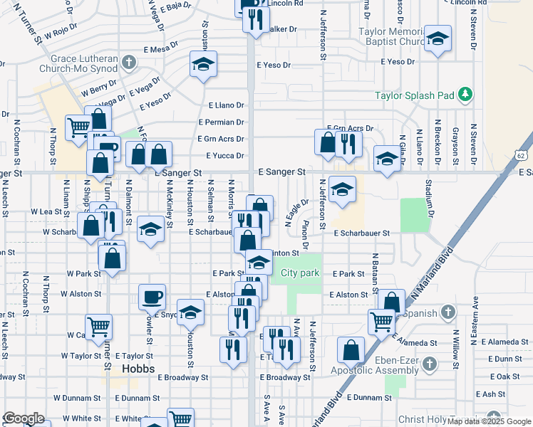 map of restaurants, bars, coffee shops, grocery stores, and more near 812 North Dal Paso Street in Hobbs
