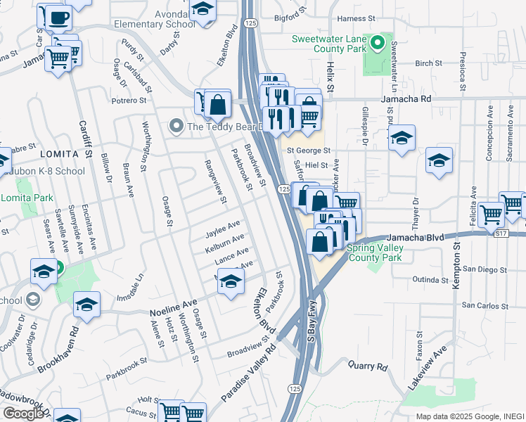 map of restaurants, bars, coffee shops, grocery stores, and more near 744 Broadview Street in Spring Valley
