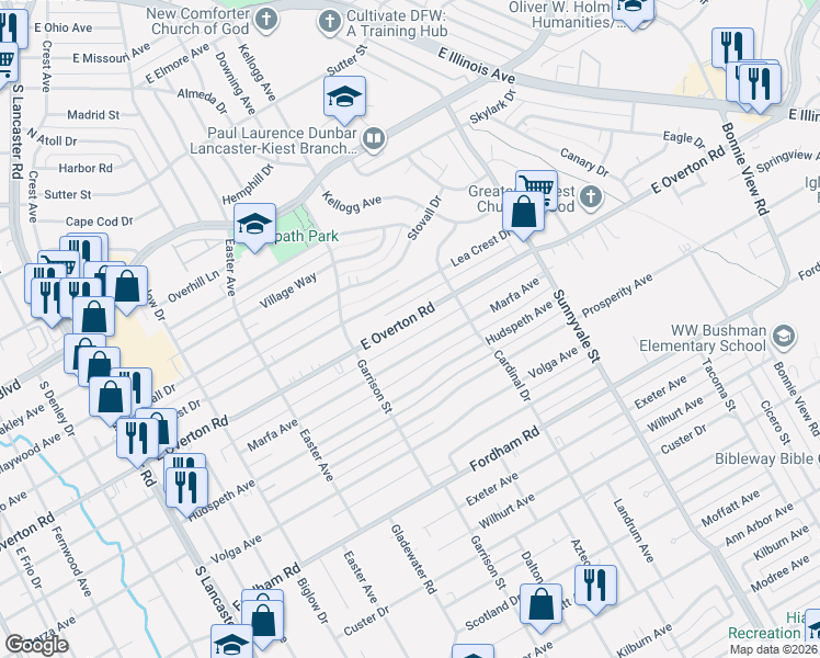 map of restaurants, bars, coffee shops, grocery stores, and more near 2502 East Overton Road in Dallas