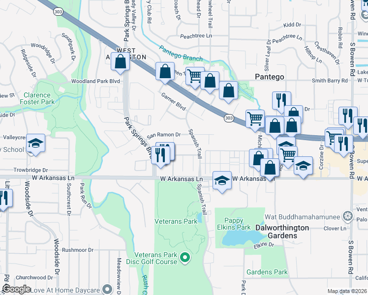 map of restaurants, bars, coffee shops, grocery stores, and more near 3608 San Rafael Drive in Arlington
