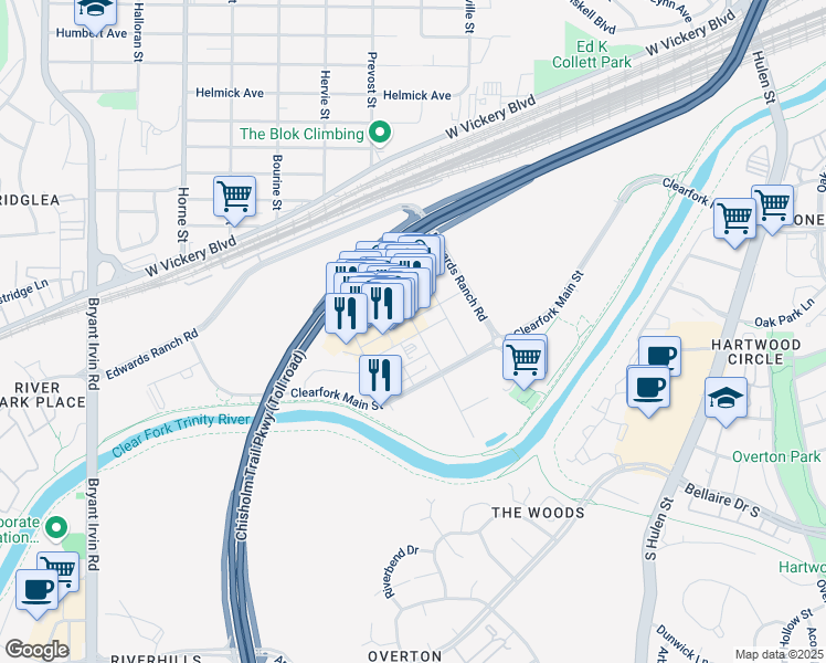 map of restaurants, bars, coffee shops, grocery stores, and more near 4945 Gage Avenue in Fort Worth