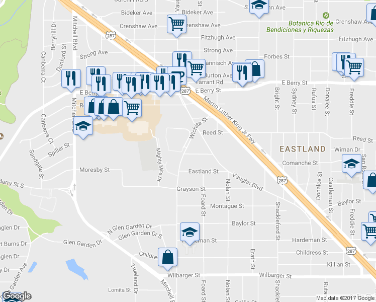 map of restaurants, bars, coffee shops, grocery stores, and more near 3613 Wichita Street in Fort Worth