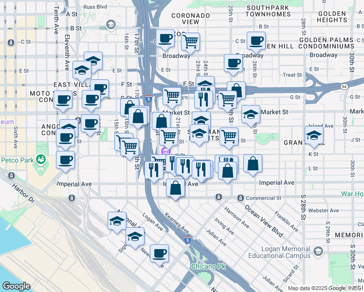 map of restaurants, bars, coffee shops, grocery stores, and more near 334 22nd Street in San Diego