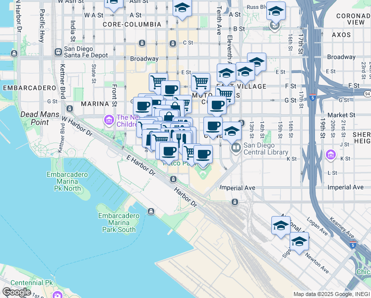 map of restaurants, bars, coffee shops, grocery stores, and more near in San Diego