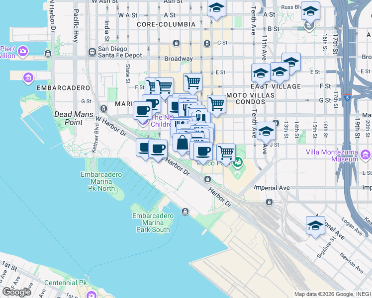 map of restaurants, bars, coffee shops, grocery stores, and more near 413 Third Avenue in San Diego