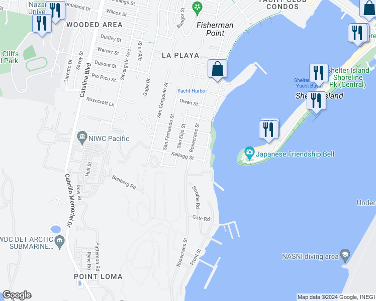 map of restaurants, bars, coffee shops, grocery stores, and more near 365 Rosecrans Street in San Diego