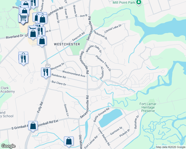 map of restaurants, bars, coffee shops, grocery stores, and more near 531 McEnery Alley in Charleston