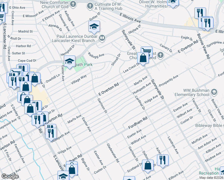 map of restaurants, bars, coffee shops, grocery stores, and more near 2502 East Overton Road in Dallas