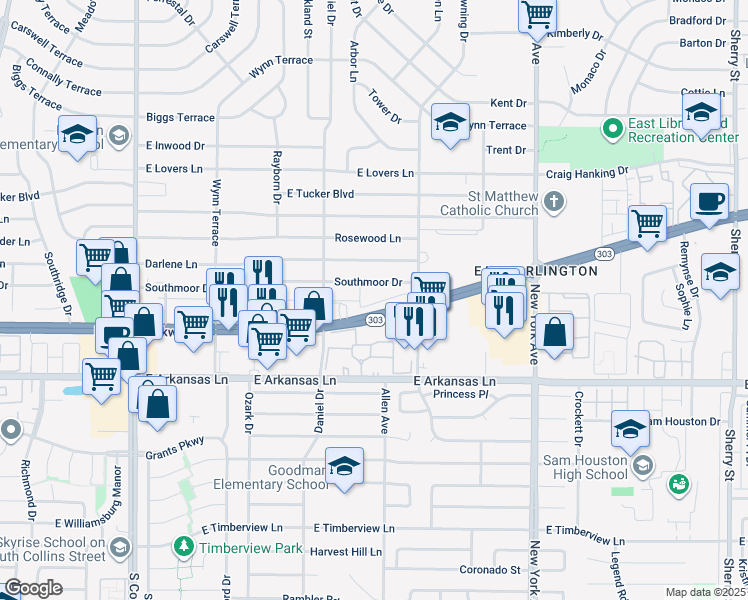 map of restaurants, bars, coffee shops, grocery stores, and more near 1527 Parkway Lane in Arlington