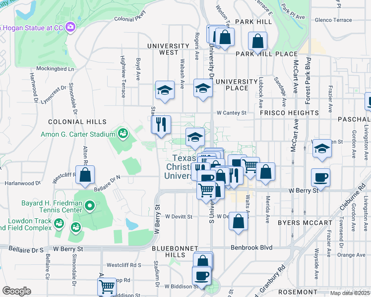 map of restaurants, bars, coffee shops, grocery stores, and more near in Fort Worth