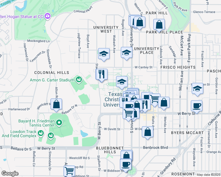 map of restaurants, bars, coffee shops, grocery stores, and more near 3204 Main Drive in Fort Worth
