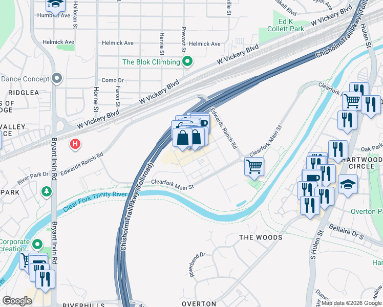 map of restaurants, bars, coffee shops, grocery stores, and more near 5217 Marathon Avenue in Fort Worth