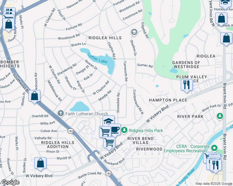 map of restaurants, bars, coffee shops, grocery stores, and more near 4216 Stonedale Road in Fort Worth