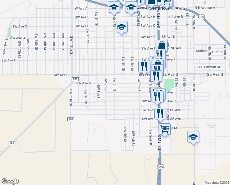 map of restaurants, bars, coffee shops, grocery stores, and more near 399 SW Ave I in Seminole