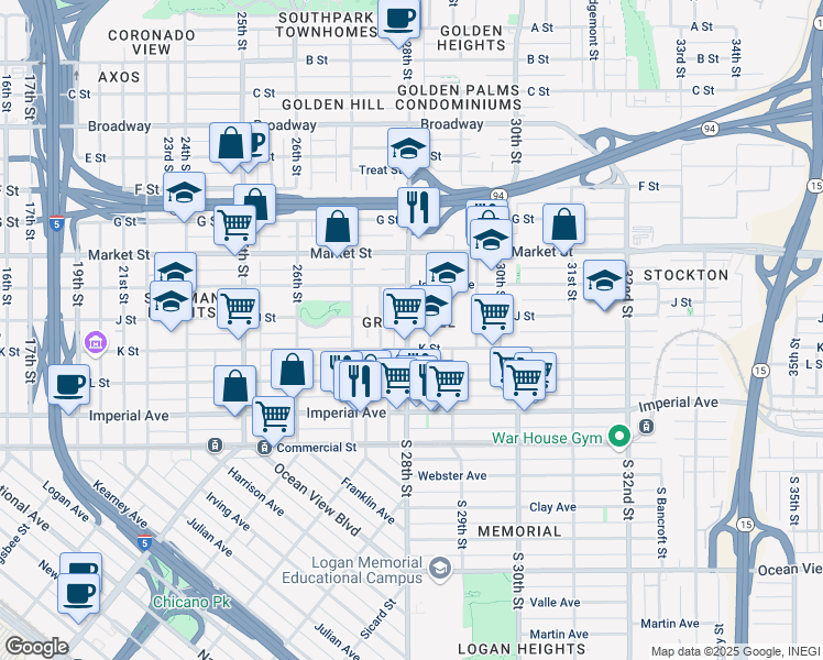 map of restaurants, bars, coffee shops, grocery stores, and more near 329 28th Street in San Diego