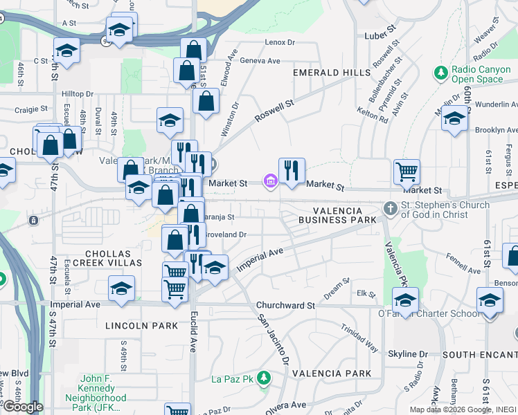 map of restaurants, bars, coffee shops, grocery stores, and more near 5266 Naranja Street in San Diego