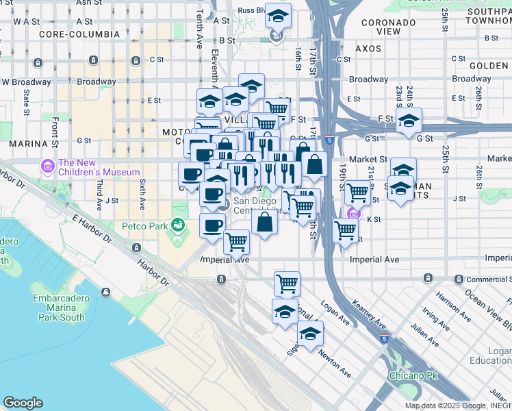 map of restaurants, bars, coffee shops, grocery stores, and more near 340 14th Street in San Diego