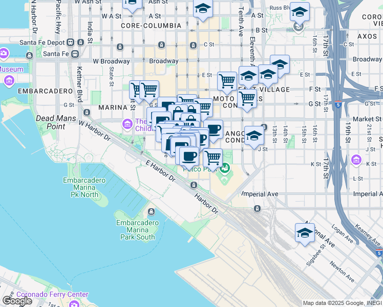 map of restaurants, bars, coffee shops, grocery stores, and more near 350 Fifth Avenue in San Diego