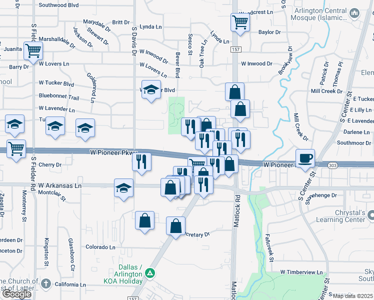 map of restaurants, bars, coffee shops, grocery stores, and more near 941 West Pioneer Parkway in Arlington